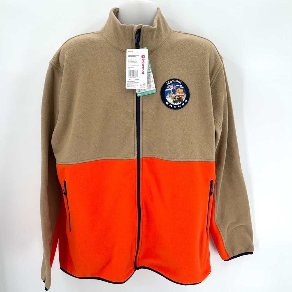 Marmot x Bronco Jacket Mens XXL ROCKLIN Full Zip Fleece Tan Orange Patch NWT $85